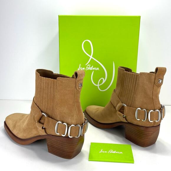 Sam Edelman Bellamie Women Camel/Tan Western Ankle Boot Sz 7.5 Suede Harness New - Picture 3 of 15